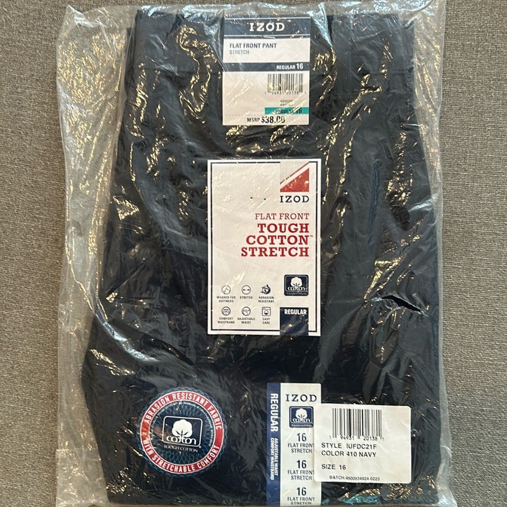Izod flat front tough stretch boys pants size 16 navy blue
